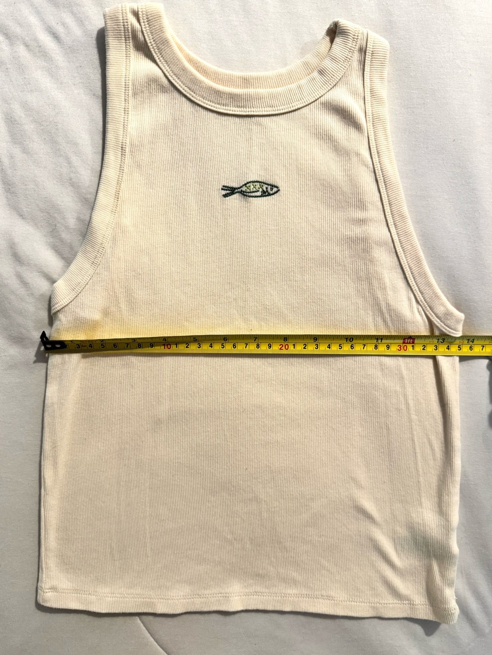a new day Cream Ribbed Tank with Green Fish Embroidery